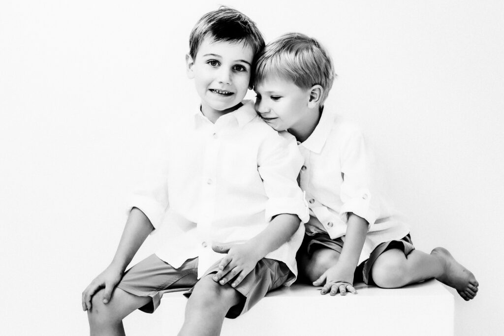 Black and White studio portrait of two brothers in Katy, TX